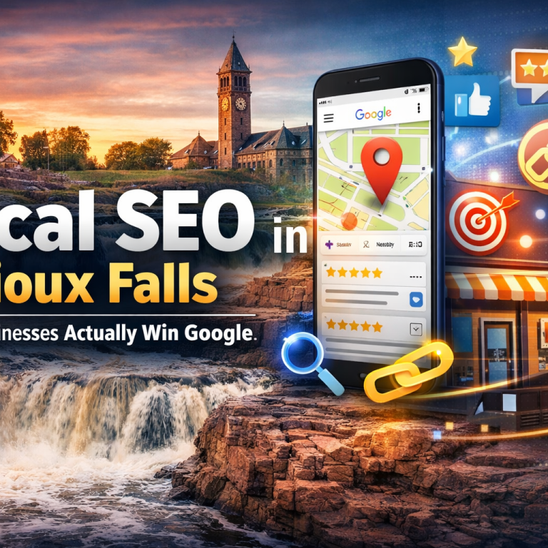 local SEO in Sioux Falls showing by phone with a local pin on a map.